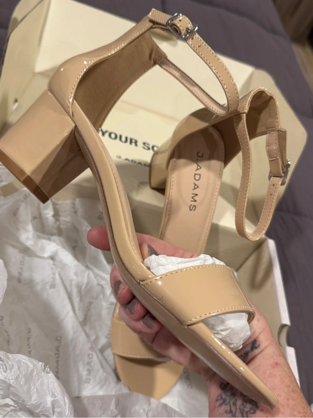 J. Adams Daisy Patent Nude Block Heel Sandals